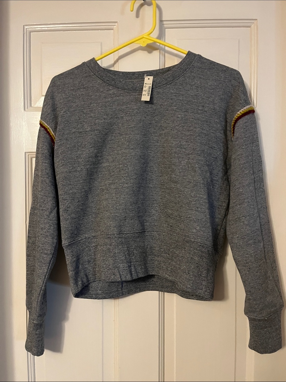 Madewell Gray Crewneck Sweater with Yellow & Red Trim
